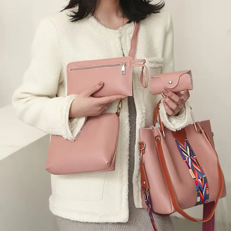 4-in-1 Handbag Set with Patterned Strap