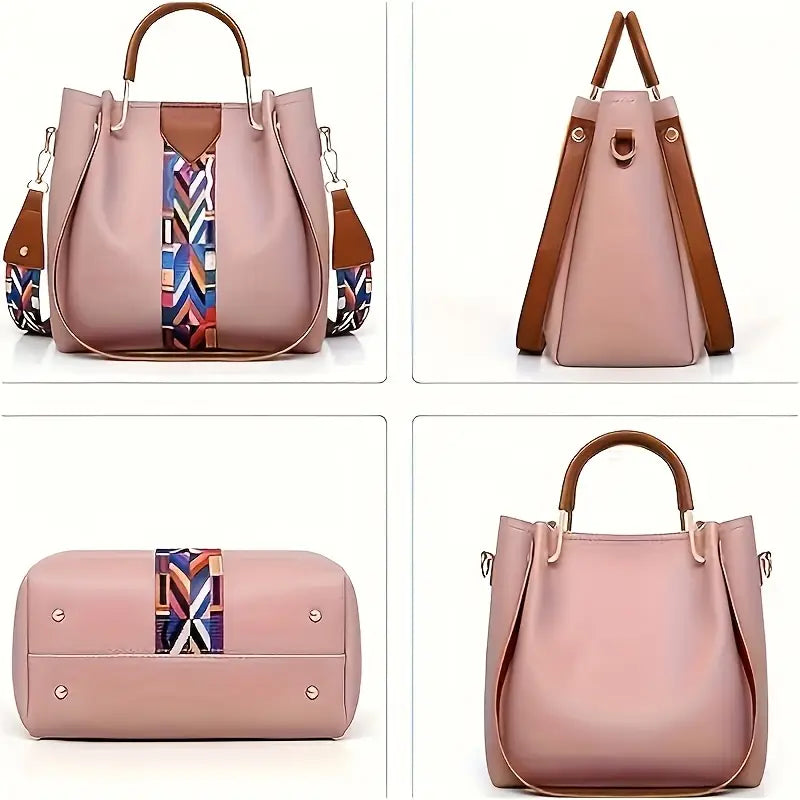 4-in-1 Handbag Set with Patterned Strap