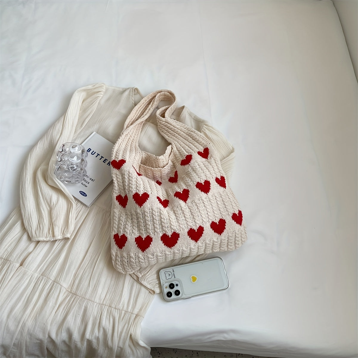 Heart Pattern Knit Bag