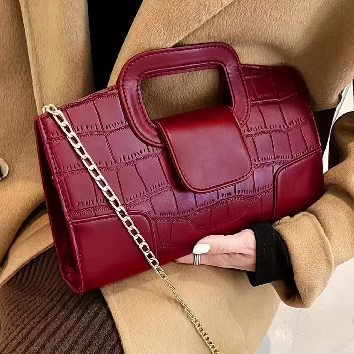 Structured Croc-Effect Handbag with Chain Strap