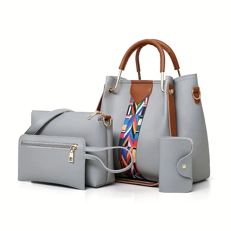 4-in-1 Handbag Set with Patterned Strap