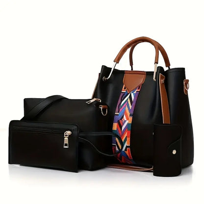 4-in-1 Handbag Set with Patterned Strap