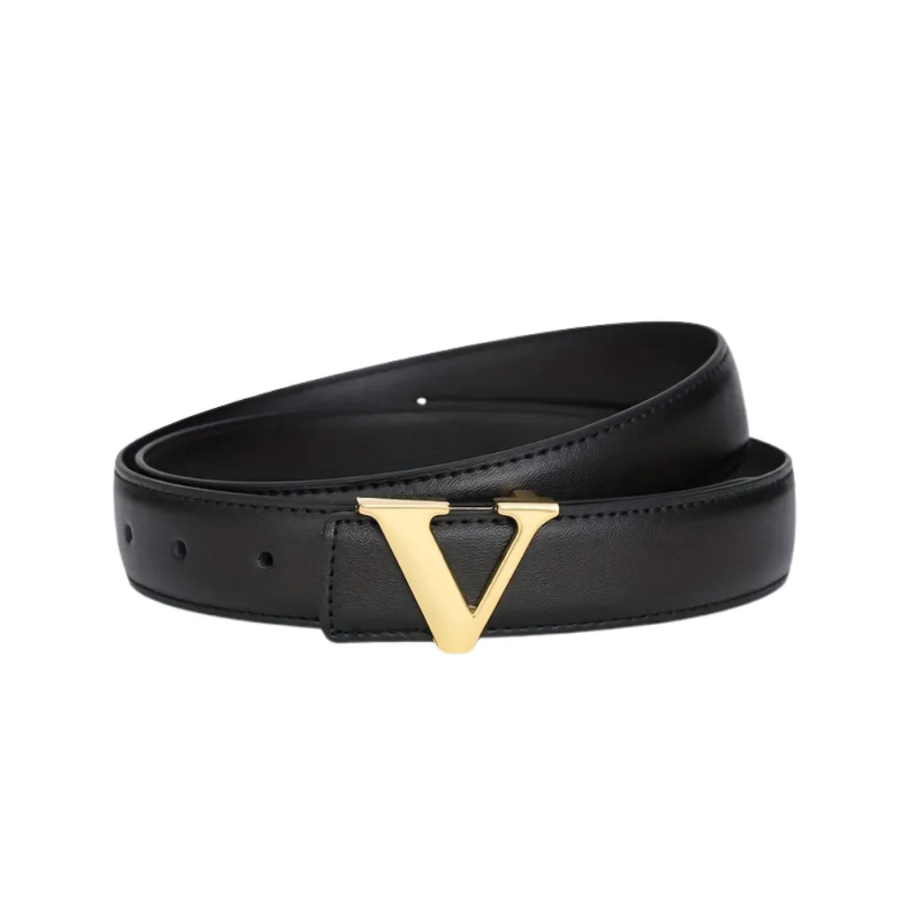 Genuine Leather Belt with Gold "V" Buckle