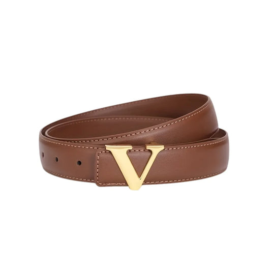 Genuine Leather Belt with Gold "V" Buckle