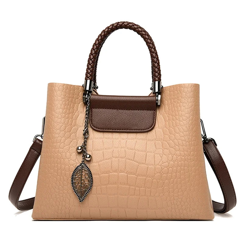 Elegant Textured Tote Bag with Leaf Charm