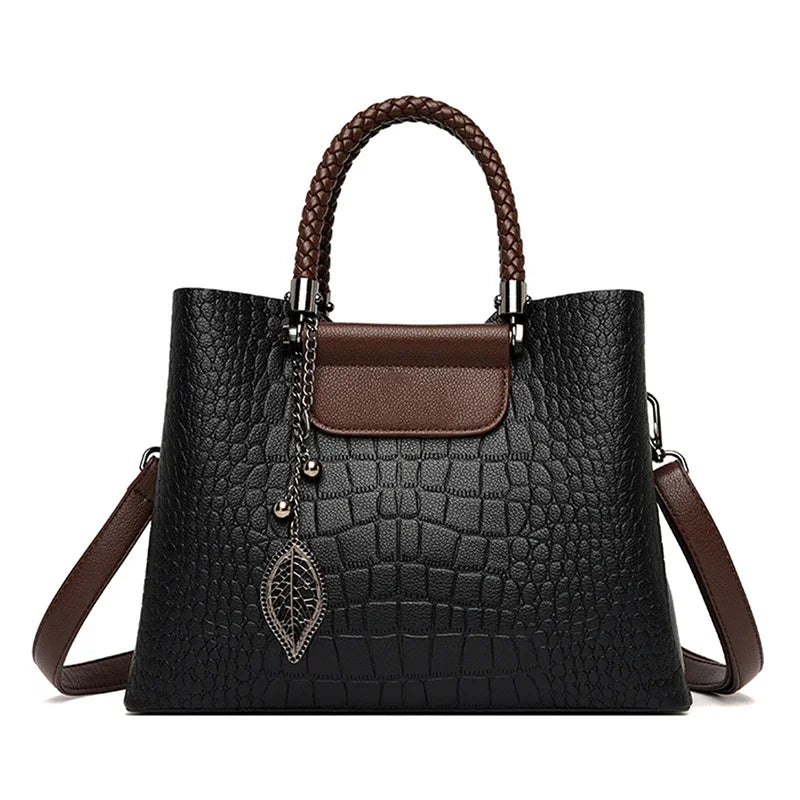 Elegant Textured Tote Bag with Leaf Charm