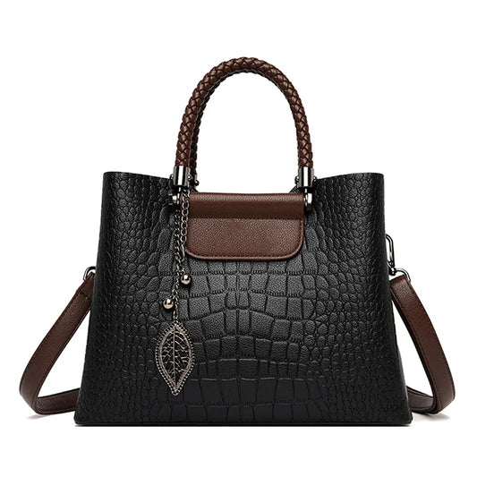 Elegant Textured Tote Bag with Leaf Charm