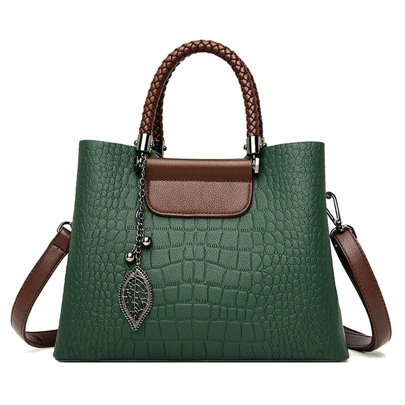 Elegant Textured Tote Bag with Leaf Charm