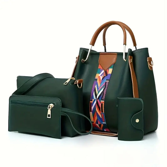 4-in-1 Handbag Set with Patterned Strap