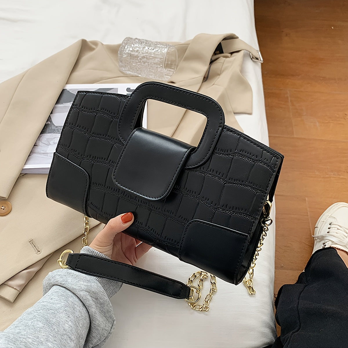 Structured Croc-Effect Handbag with Chain Strap