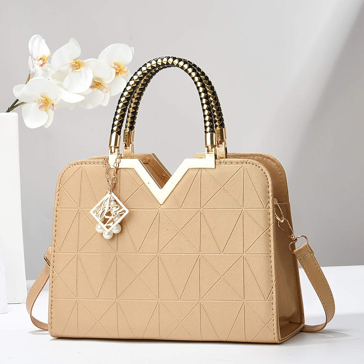 Structured Women’s Handbag with Gold Details & Braided Handle