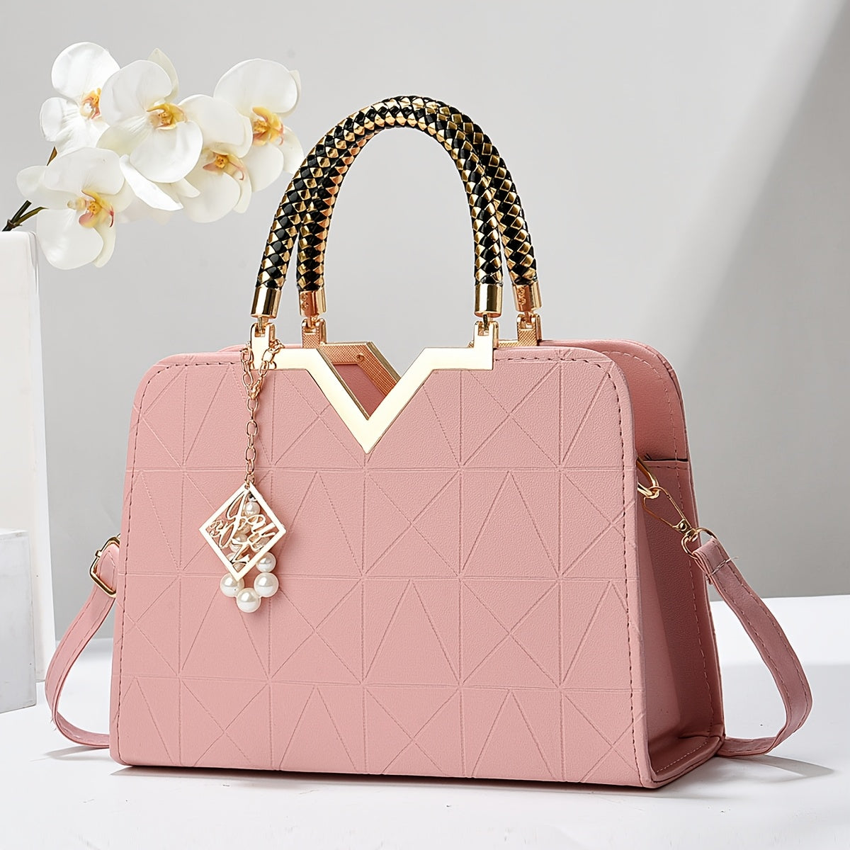 Structured Women’s Handbag with Gold Details & Braided Handle