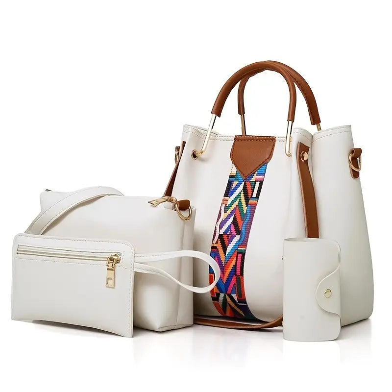 4-in-1 Handbag Set with Patterned Strap