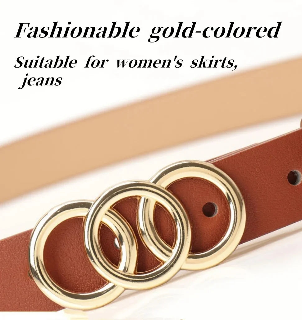 Women’s Belt 2.8 cm (PU &amp; Gold Triple-Ring Buckle)