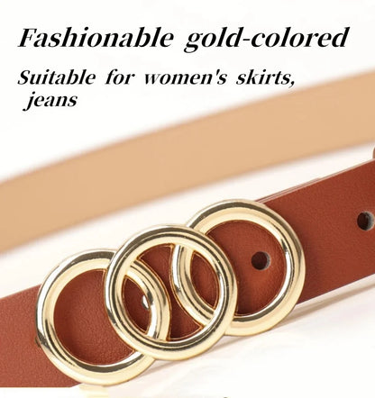 Women’s Belt 2.8 cm (PU &amp; Gold Triple-Ring Buckle)