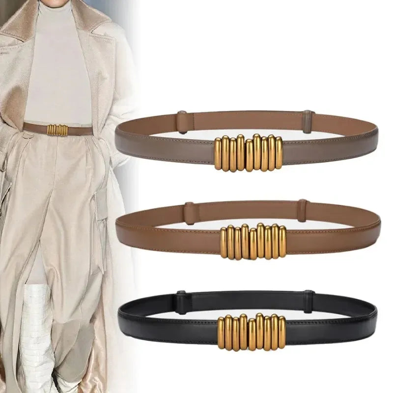 Women’s Belt 3.2 cm (Leather &amp; Adjustable Gold Buckle)