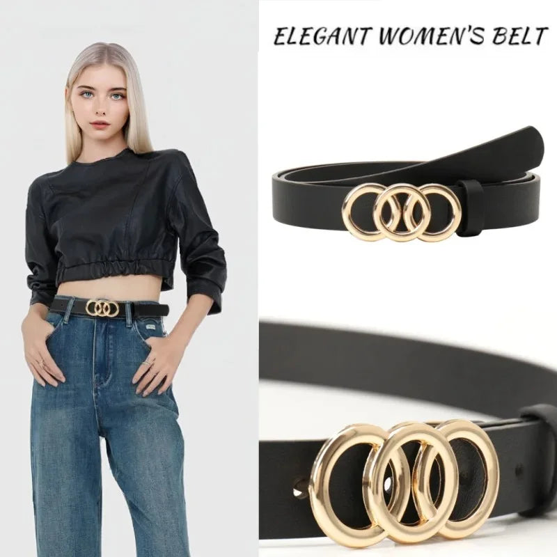 Women’s Belt 2.8 cm (PU &amp; Gold Triple-Ring Buckle)